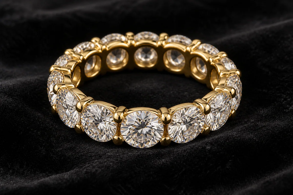 Heavy yellow-gold eternity band with large round brilliant diamonds