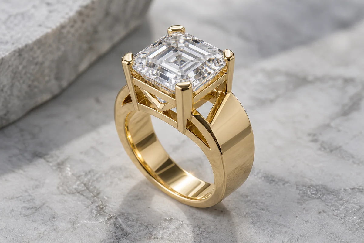 Architectural yellow-gold ring with a large square step-cut diamond