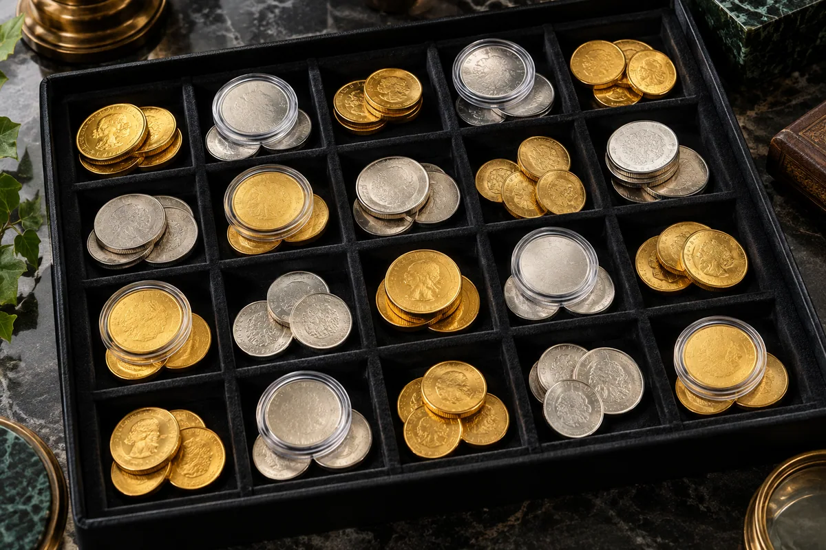 Gold-colored and silver-colored coins arranged in a black collector tray