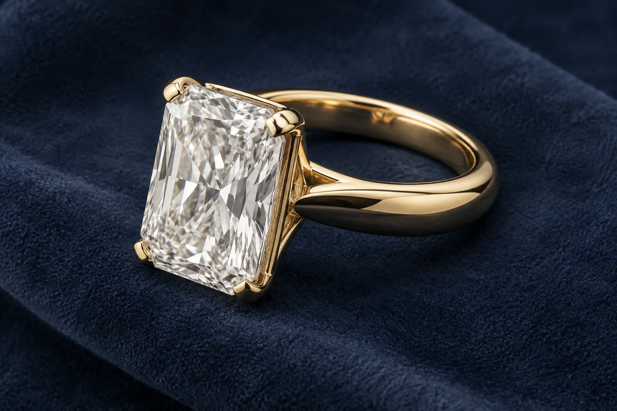 Large elongated radiant-cut diamond in a thick yellow-gold four-prong ring