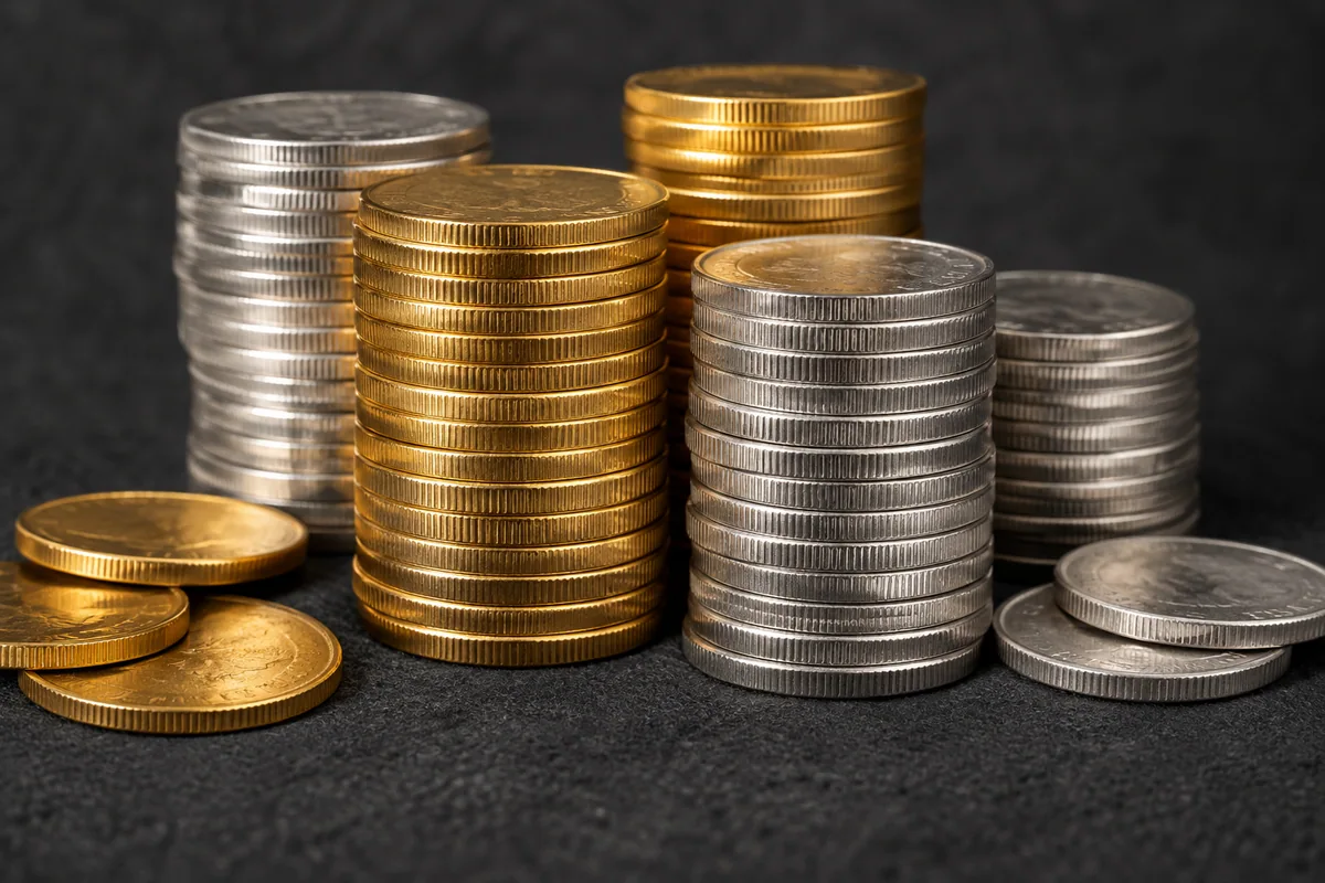 Stacks of gold-colored and silver-colored coins on dark felt