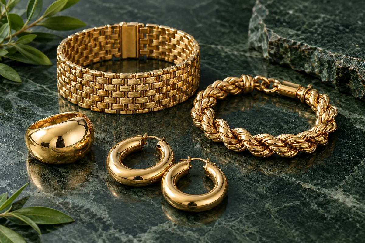 Heavy gold bracelets, chunky ring and hoop earrings on green stone
