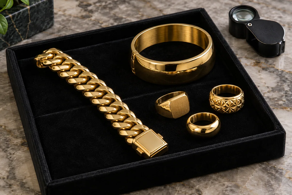 Heavy gold Cuban bracelet, hinged bangle and rings in a velvet tray