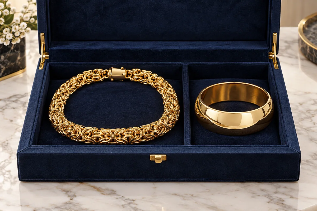 Substantial gold necklace and wide bangle in a navy jewelry box