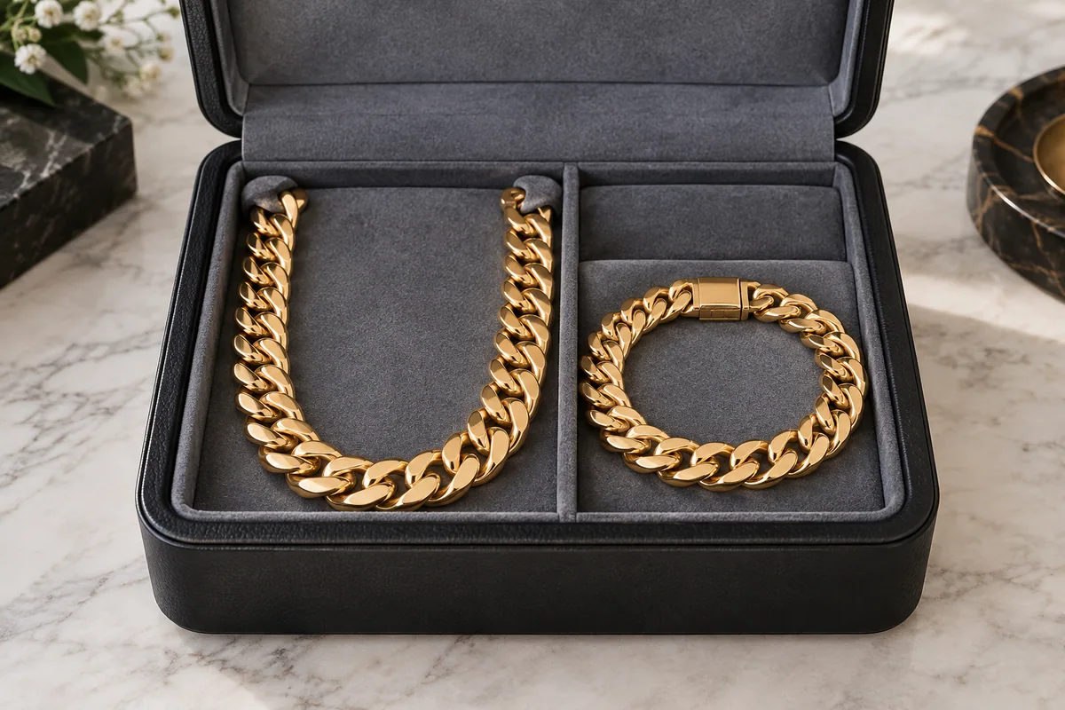 Heavy gold chain and bracelet in a padded black jewelry case