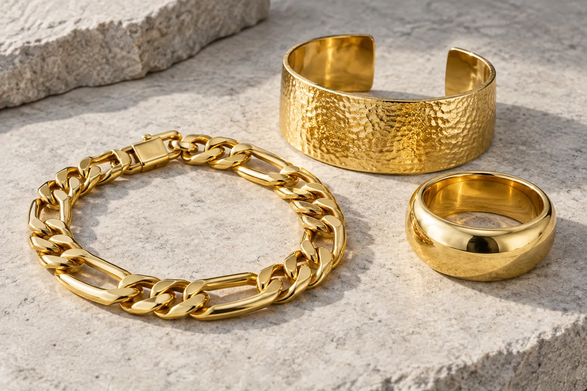Heavy gold Figaro bracelet beside a broad textured cuff and band