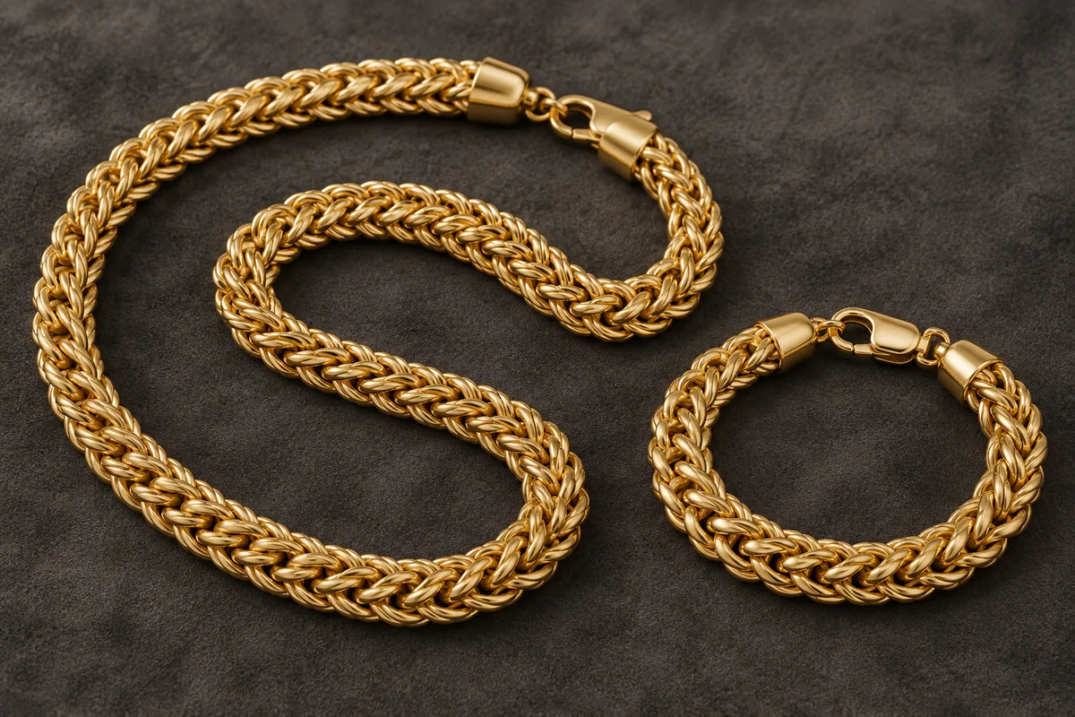 Thick braided gold chain with a substantial matching bracelet