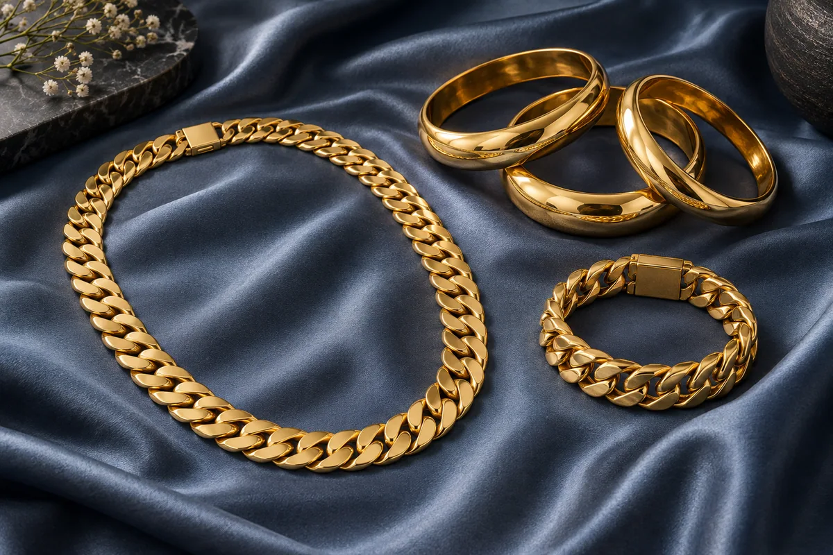 Substantial gold curb necklace with heavy bangles and a bracelet