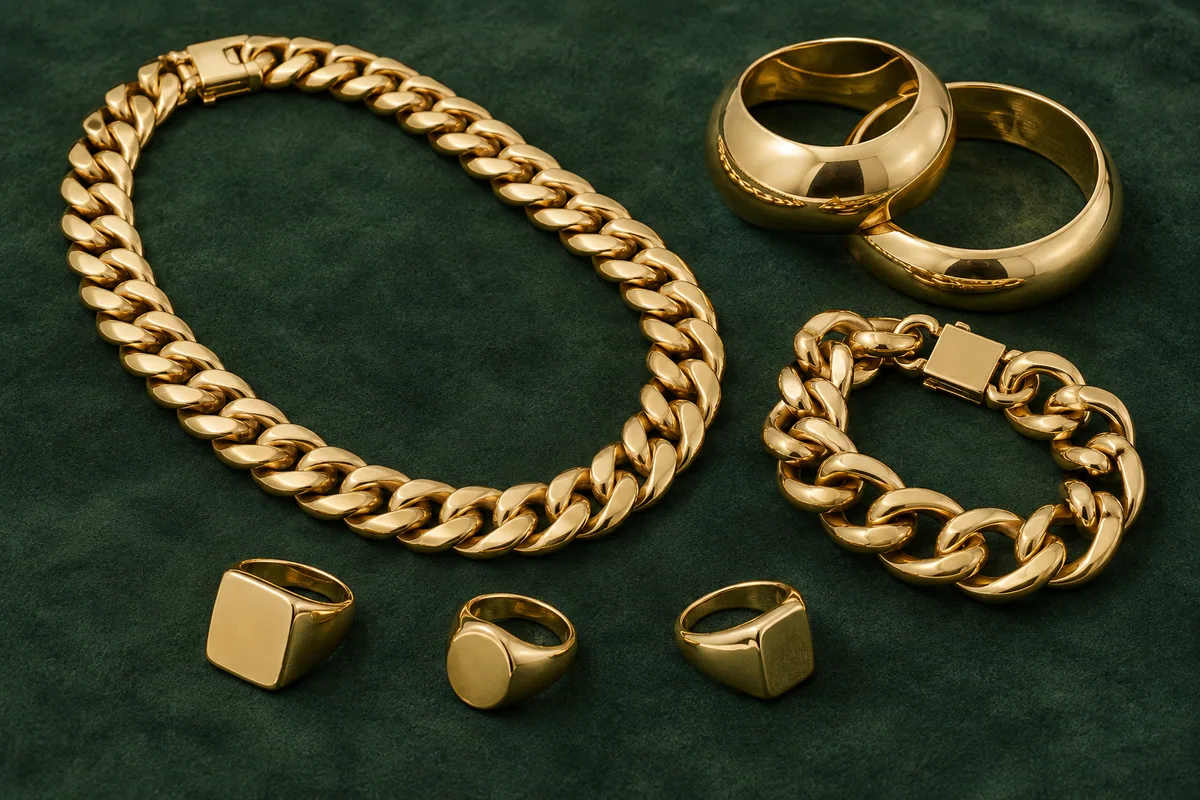 Heavy gold chains, bracelets, bangles and rings on green suede