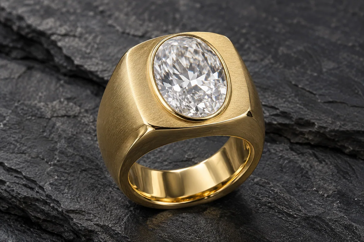 Heavy yellow-gold signet ring with a large oval diamond in its broad face
