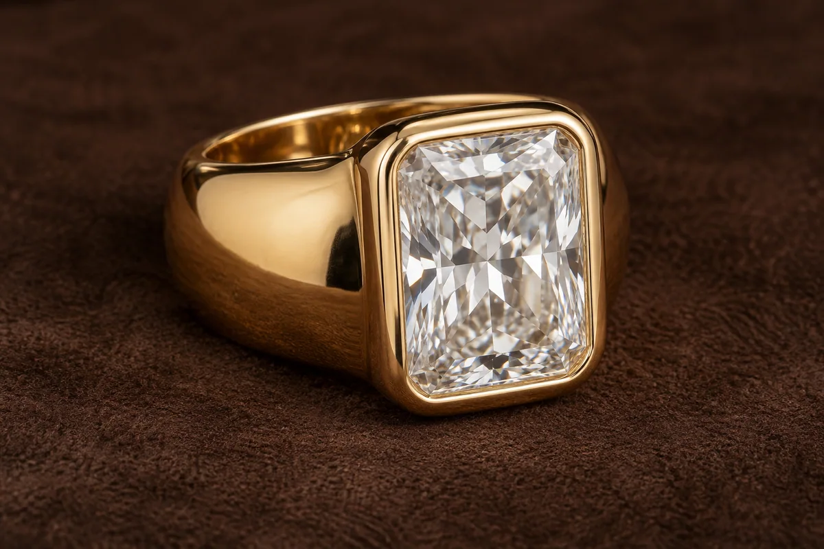 Heavy yellow-gold ring with a large radiant-cut diamond in a broad bezel