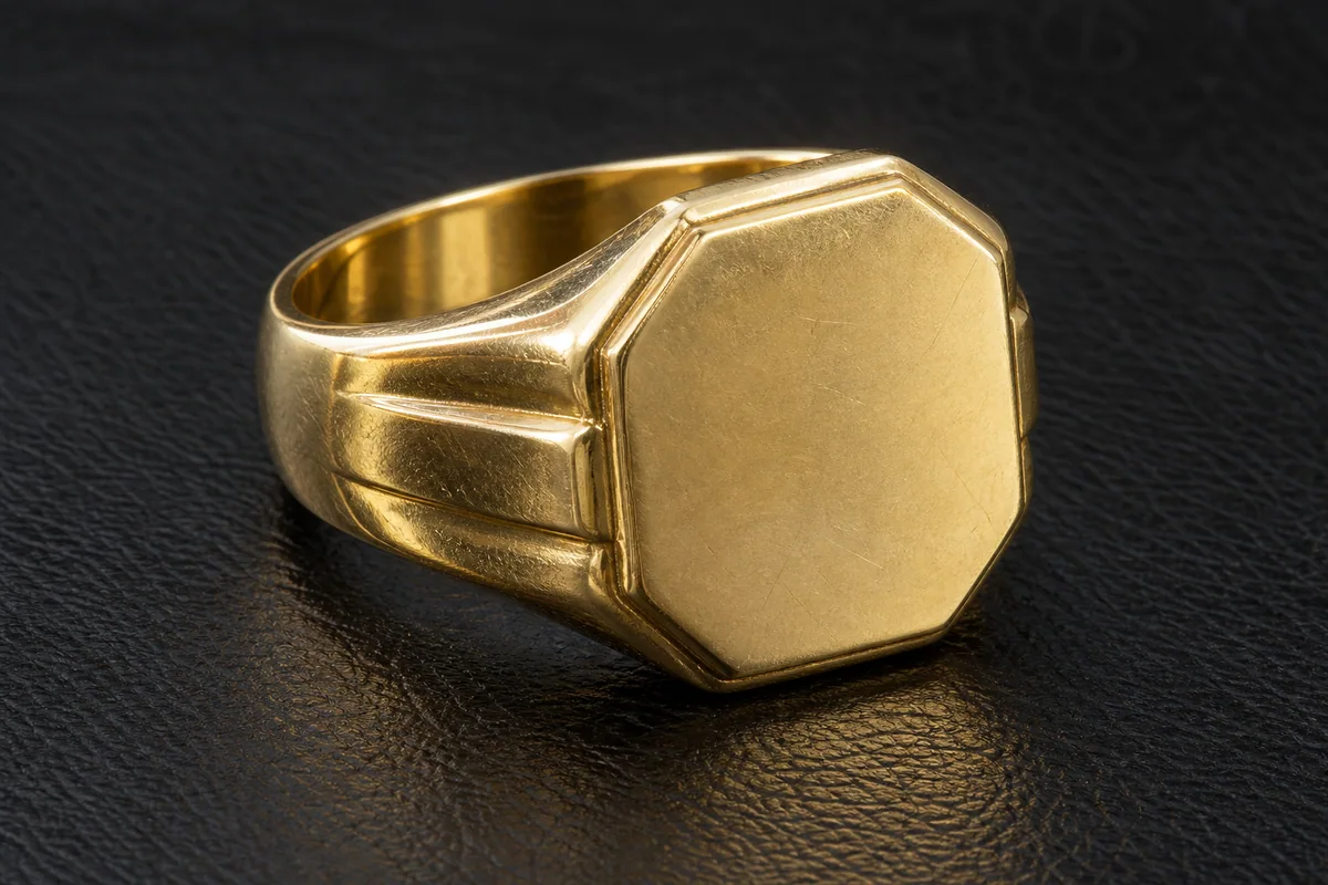 Heavy yellow-gold signet ring with a broad unengraved octagonal face