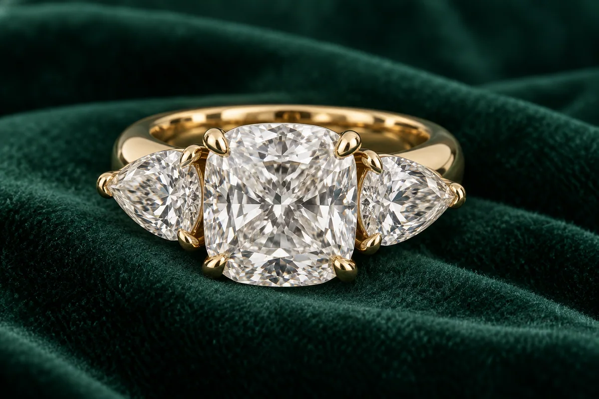 Heavy yellow-gold three-stone ring with a large cushion diamond and pear-shaped side diamonds