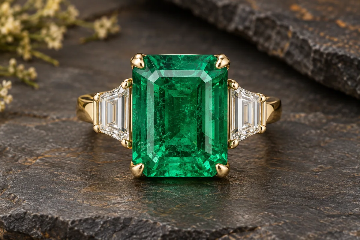 Large green step-cut gemstone in a heavy yellow-gold ring with clear side stones