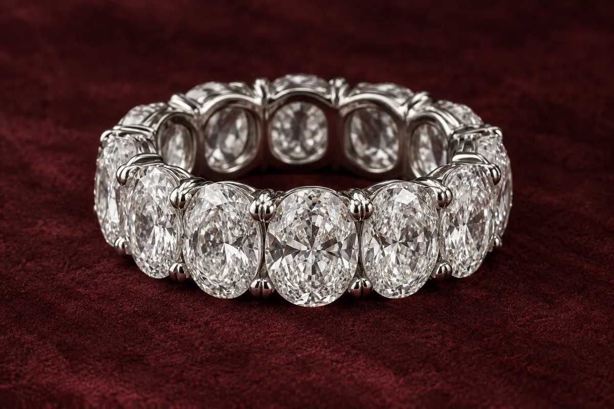Substantial white-metal eternity band set with large oval diamonds