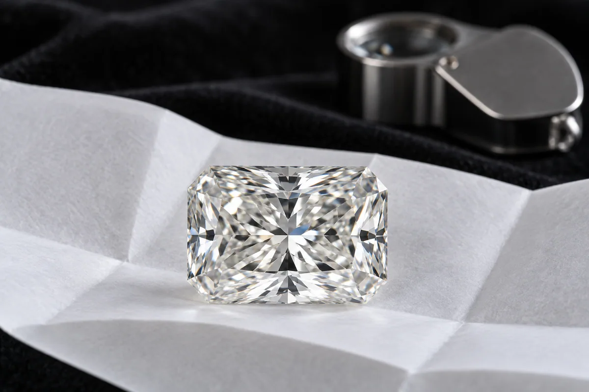 Large radiant-cut polished diamond on folded white jeweler paper