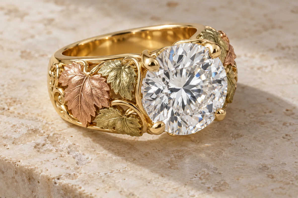 Leaf-pattern yellow, rose and green-gold-tone ring with a large round center diamond