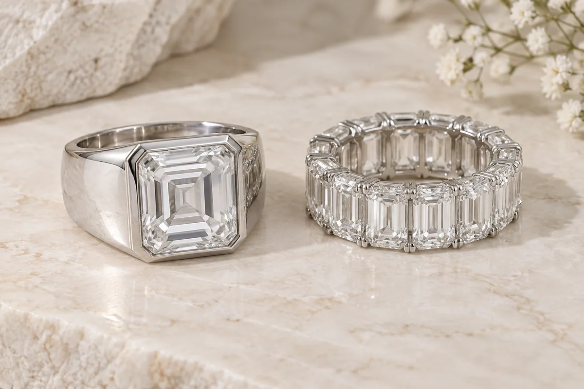 Two substantial white-metal rings with large step-cut diamonds