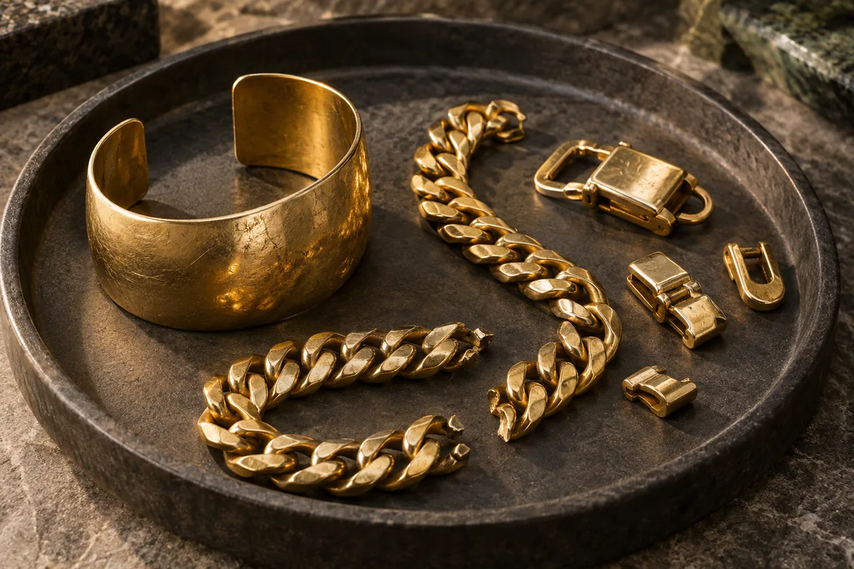 Opened gold cuff, broken Cuban chain and clasp pieces in a dark tray