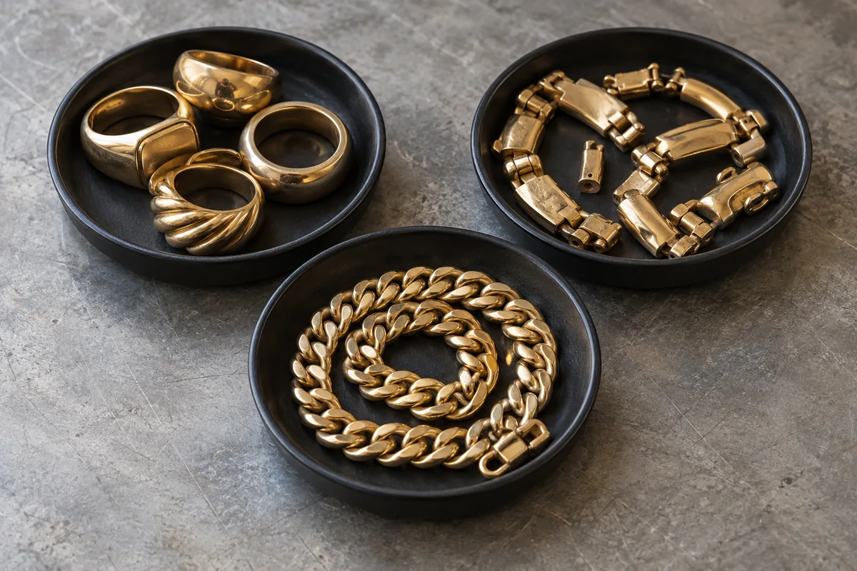 Gold rings, broken bracelet links and chain separated in sorting dishes