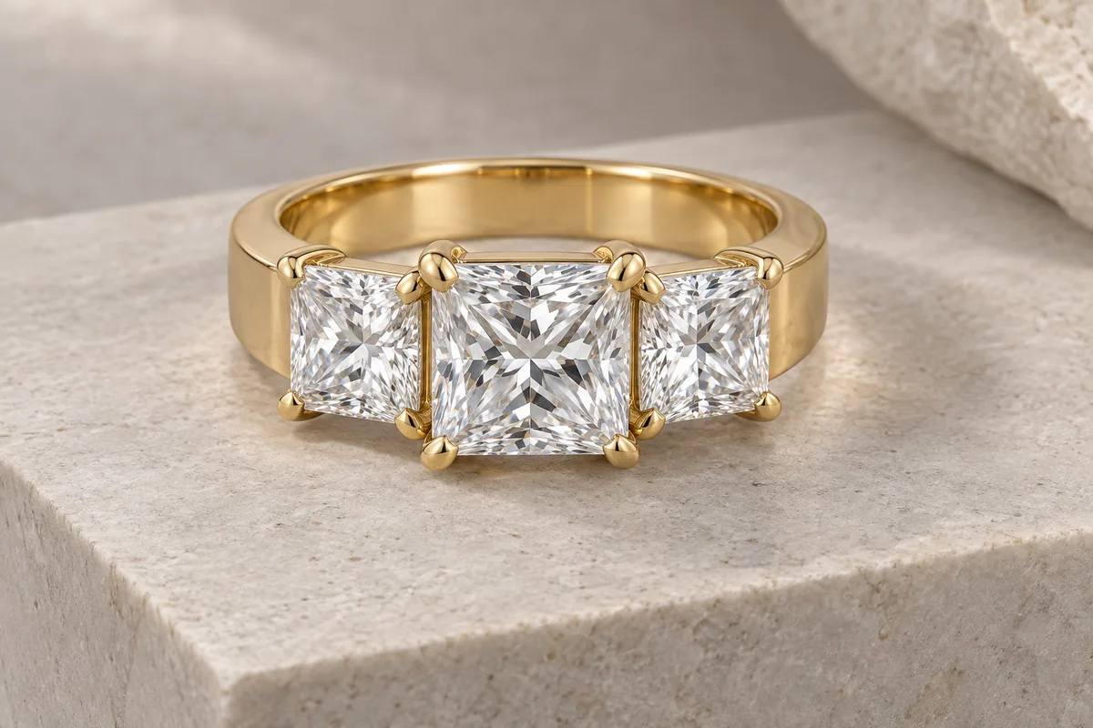 Substantial yellow-gold ring with three large square princess-cut diamonds