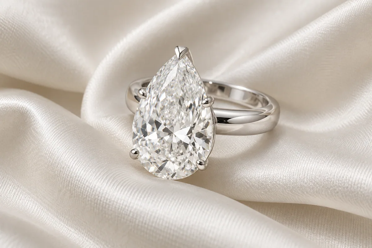 Heavy white-metal engagement ring with a large pear-shaped diamond