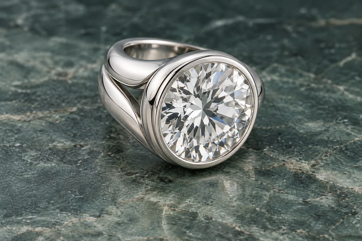 Substantial white-metal bezel ring with a large round diamond
