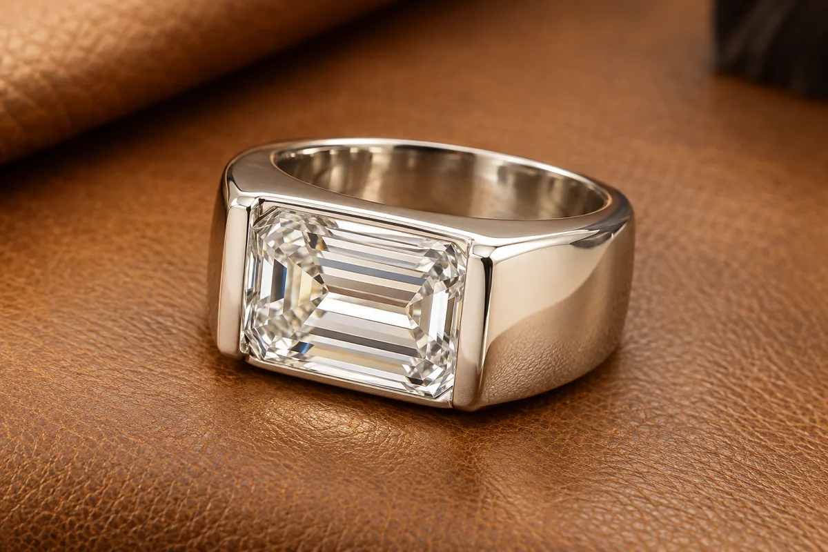 Wide polished white-metal band with one large east-west emerald-cut diamond