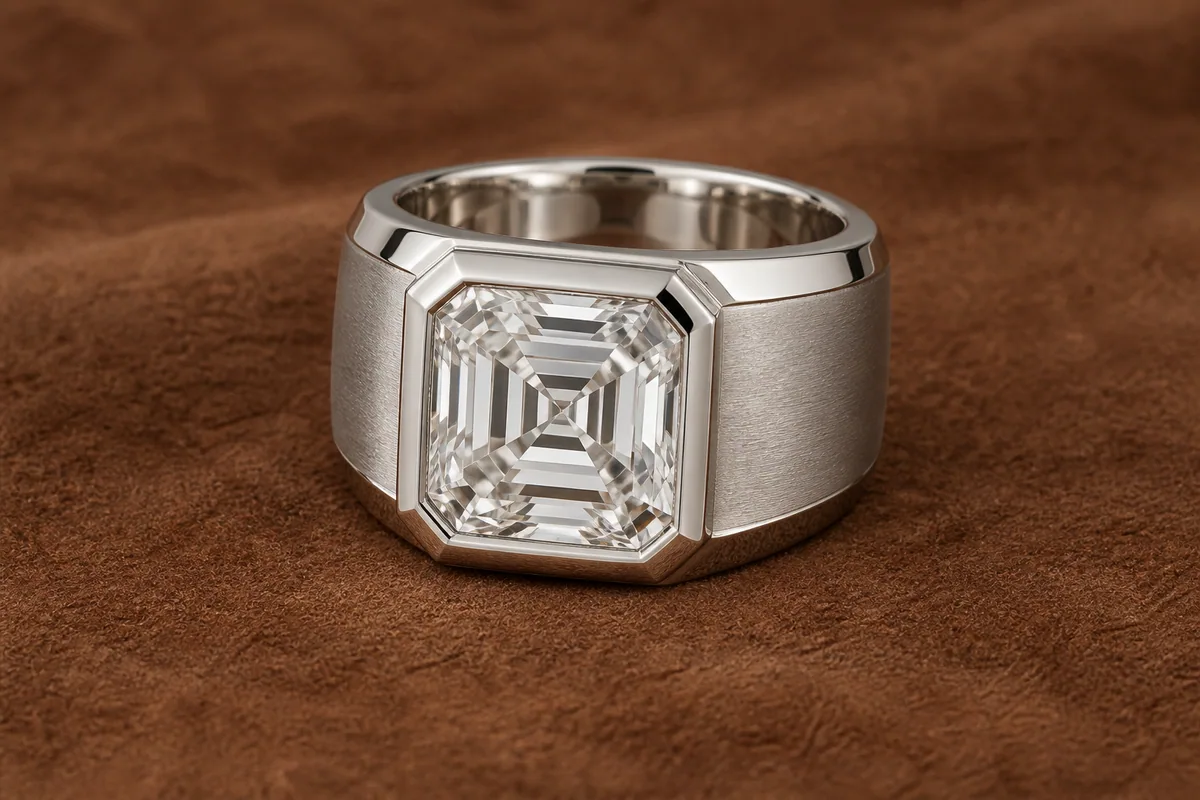 Wide white-metal ring with a large rectangular step-cut diamond
