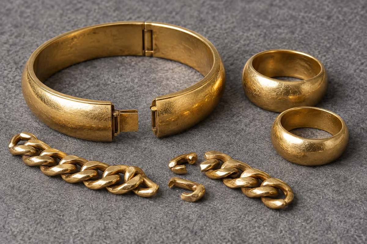Worn gold bangle, thick rings and broken bracelet links