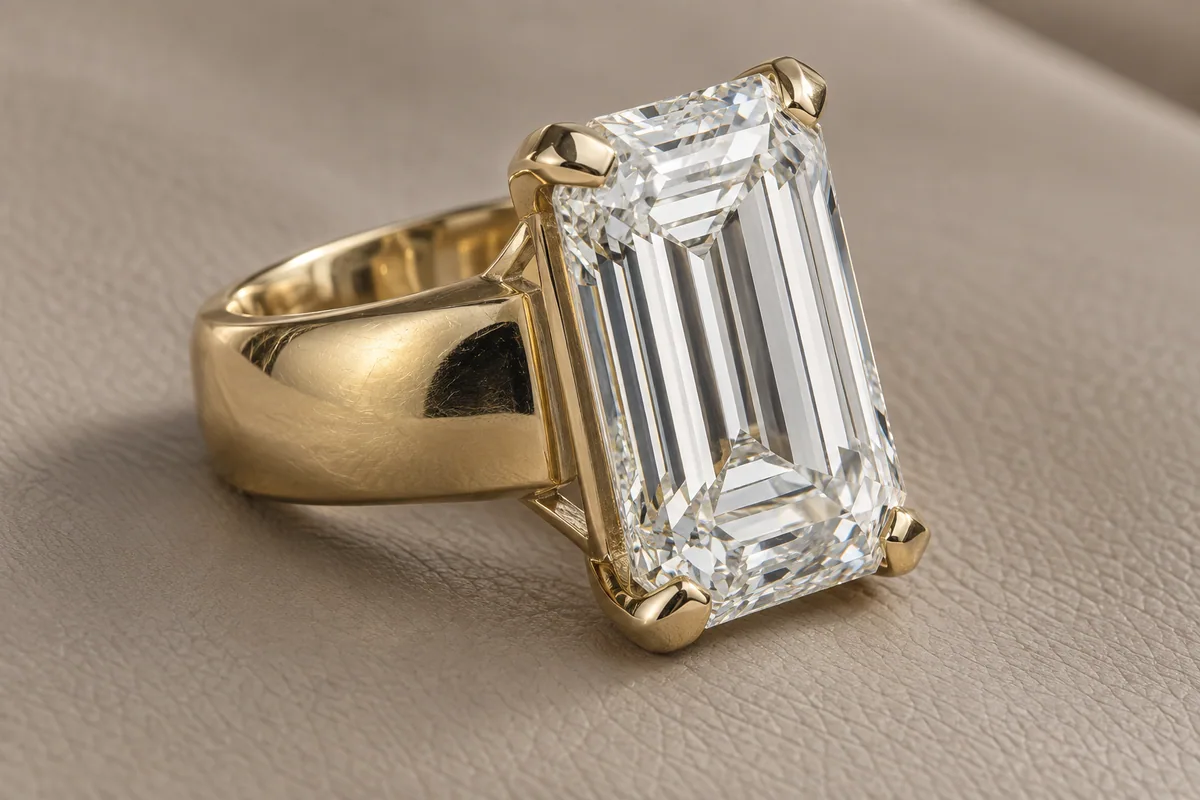 Substantial yellow-gold ring with a large emerald-cut diamond and light signs of wear