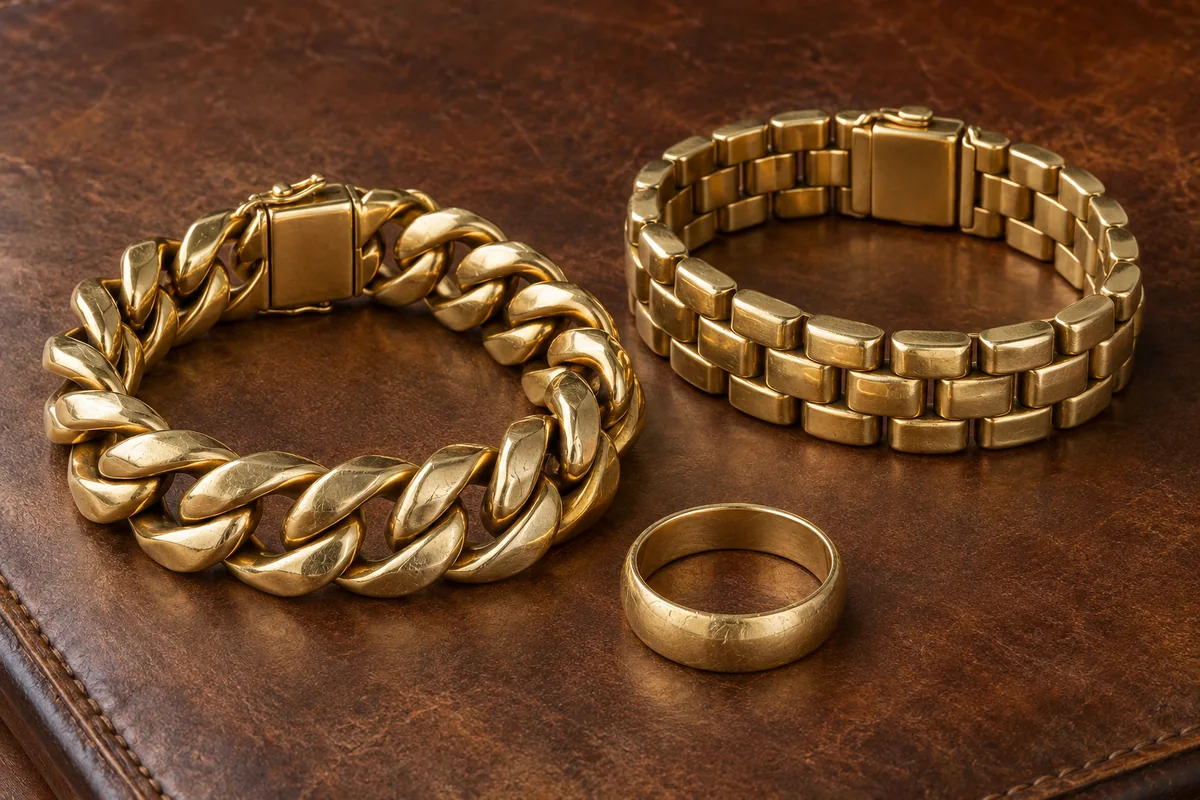 Two substantial worn gold link bracelets and a plain gold band