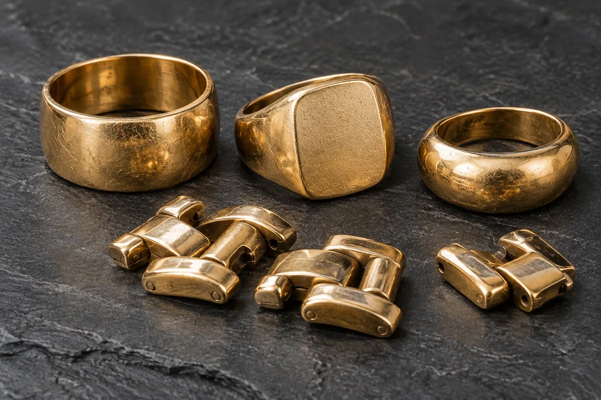Three thick worn gold rings beside heavy detached bracelet links