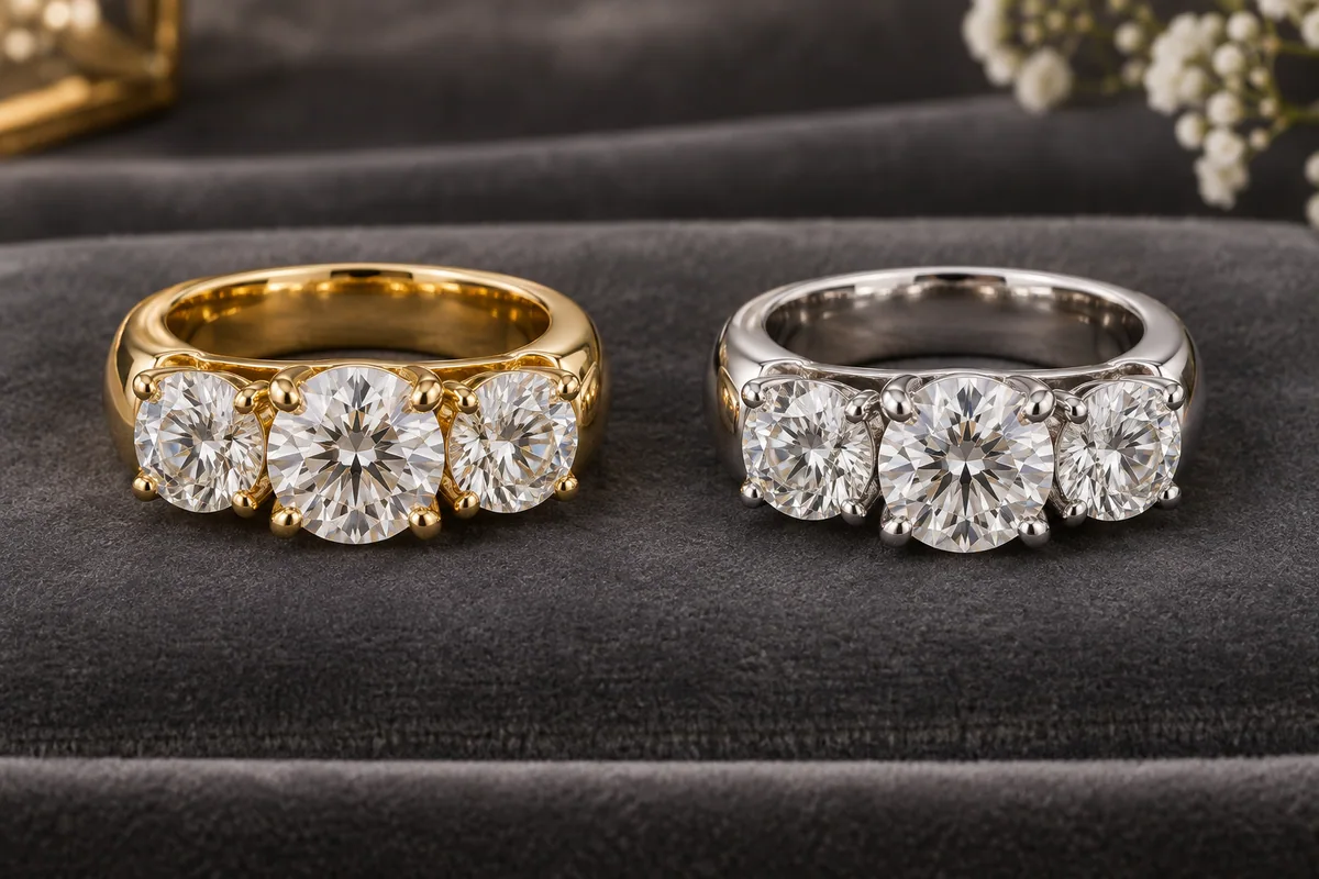 Yellow- and white-metal rings, each set with three large diamonds