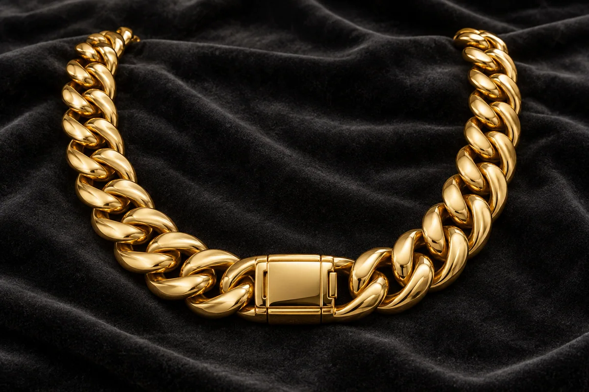 Heavy yellow-gold Cuban links with a substantial box clasp on charcoal velvet