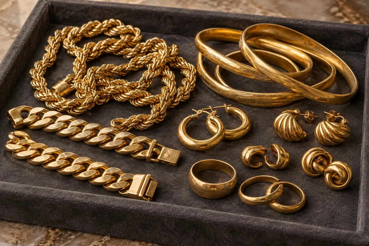 A tray of worn yellow-gold bracelets, bent bangles, earrings, rings and chains