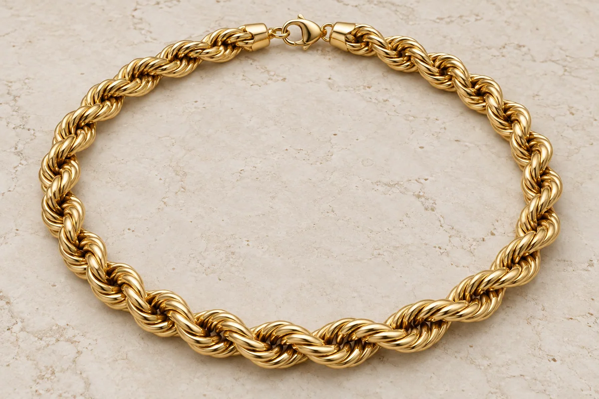 Thick yellow-gold rope necklace with its clasp on pale limestone
