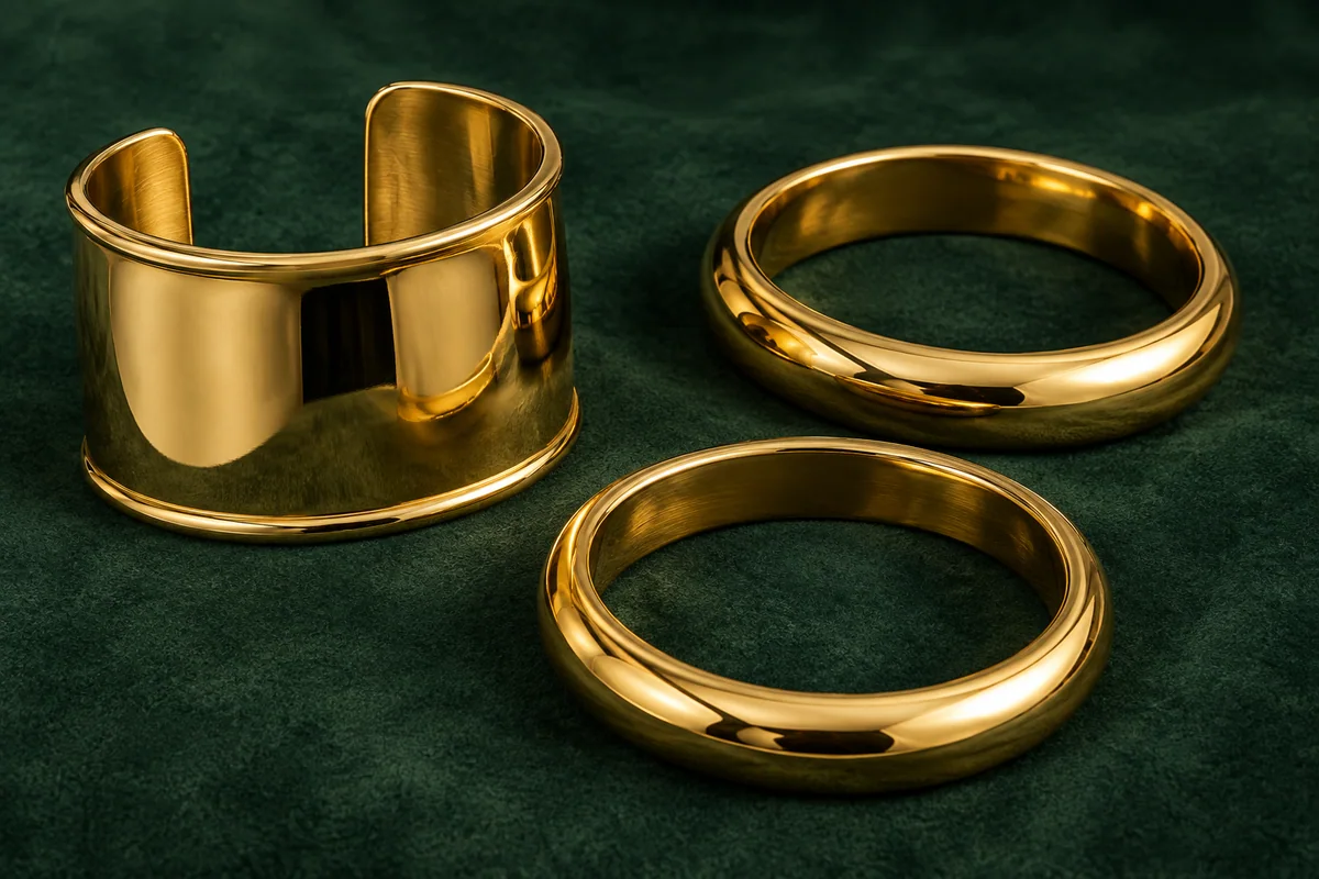 Wide polished yellow-gold cuff and two substantial gold bangles on green suede