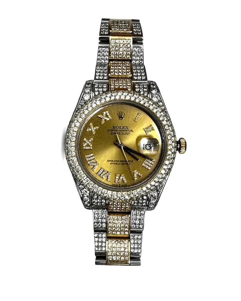 Stone-set two-tone Rolex-branded watch with a gold-colored dial on a white background