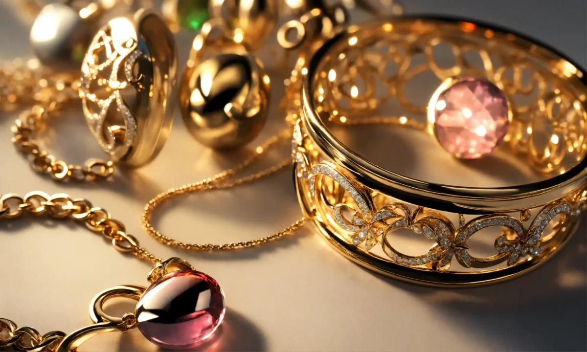 Ornate heavy yellow-gold bangles with colored accents
