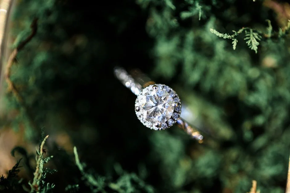 A round diamond ring resting on green moss