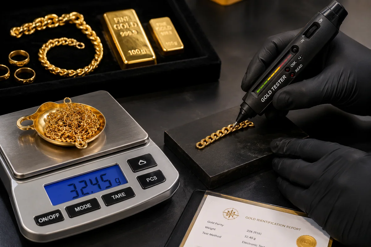 Gold chains and loose gold material arranged on a weighing scale