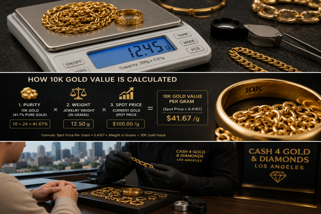 10K gold price per gram calculation, weighing and gold evaluation in Los Angeles