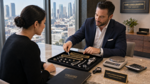 Professional jewelry buyer evaluating valuables in Downtown Los Angeles