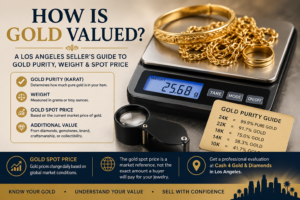 Gold jewelry being weighed to explain gold purity, weight and spot price in Los Angeles