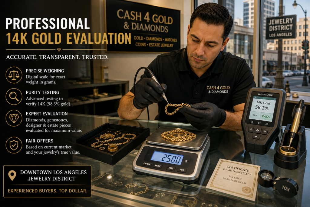 Professional 14K gold evaluation in Downtown Los Angeles with gold jewelry weighing and purity testing